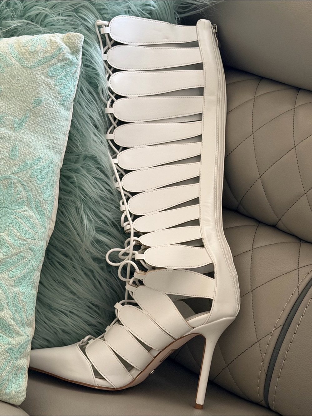 White Strappy Knee-High Stiletto Heeled Boots